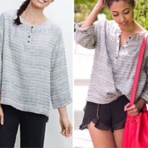 J. Jill Pure Jill Linen Gray and Cream Lagenlook Top